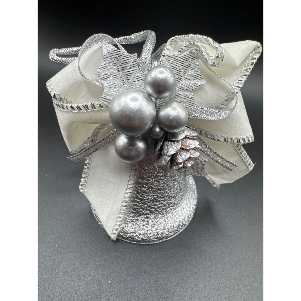 Silver Glitter Christmas Bell Ornament White Velvet Bow Pinecone 4 Inch Holiday